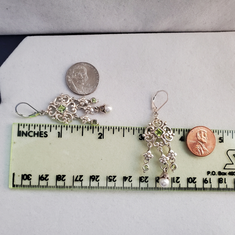 Sterling Silver Chandelier Earrings with Peridots and Pearls - Picture 15 of 16
